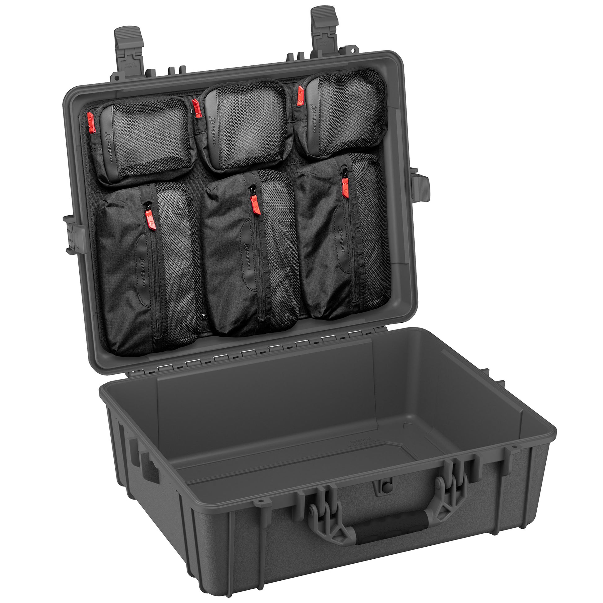 Large 25-inch hard case with customizable interior compartments for secure storage of cameras and electronics.