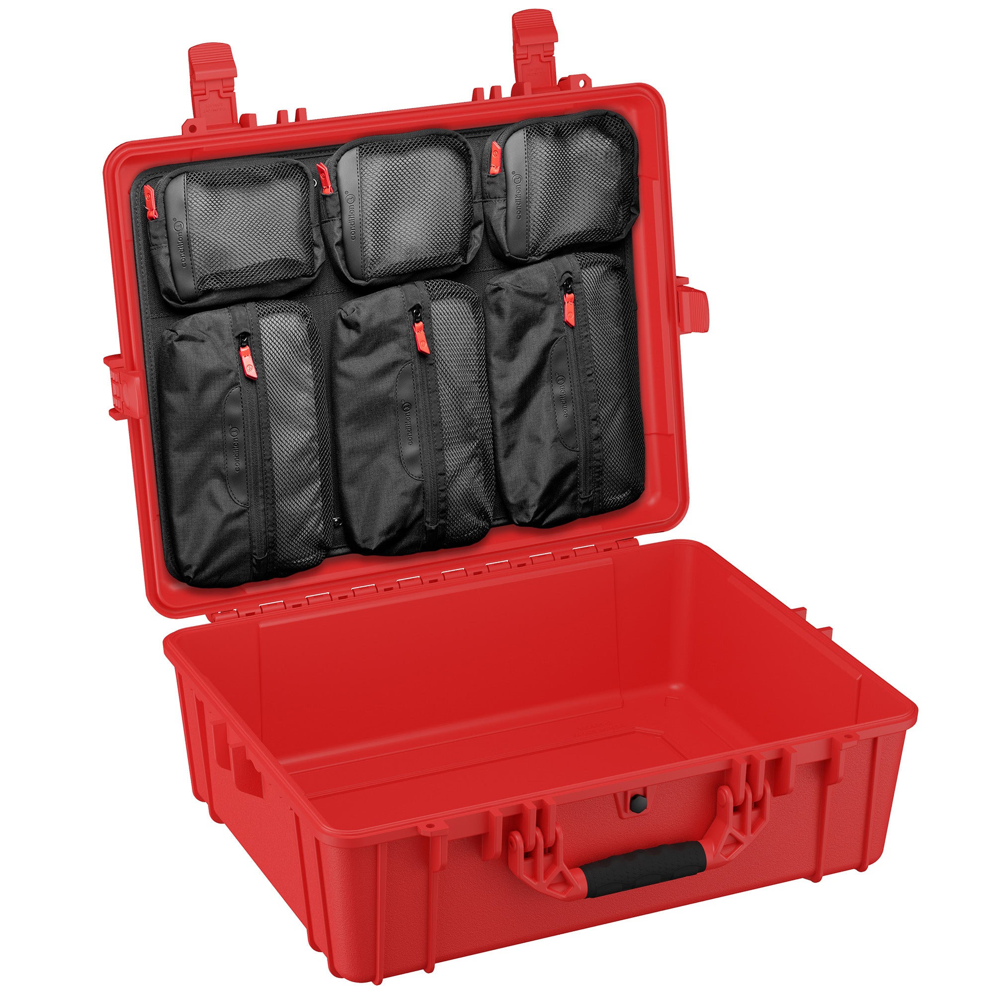 Large 25-inch waterproof hard case with customizable interior, featuring multiple mesh pockets for organized storage.