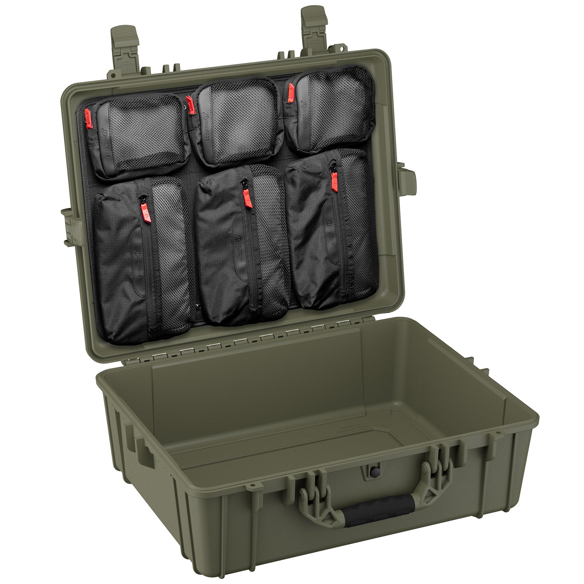 Large 25-inch waterproof hard case with customizable interior pockets for secure storage of electronics and gear.