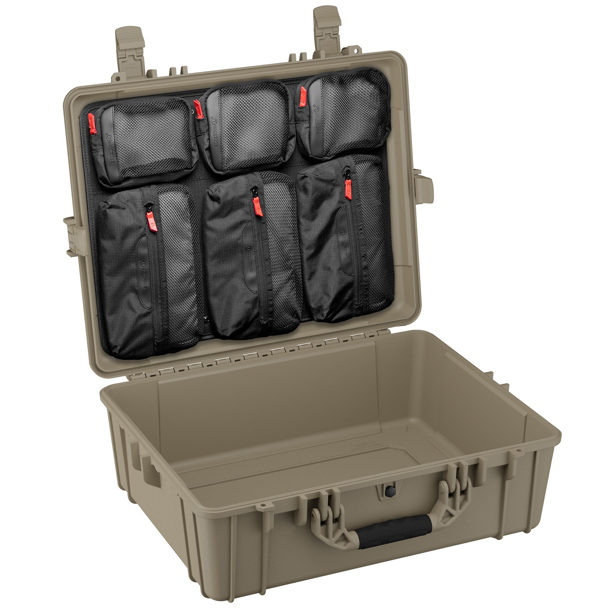 Durable 25-inch waterproof hard case with customizable interior pockets for secure storage of electronics and gear.
