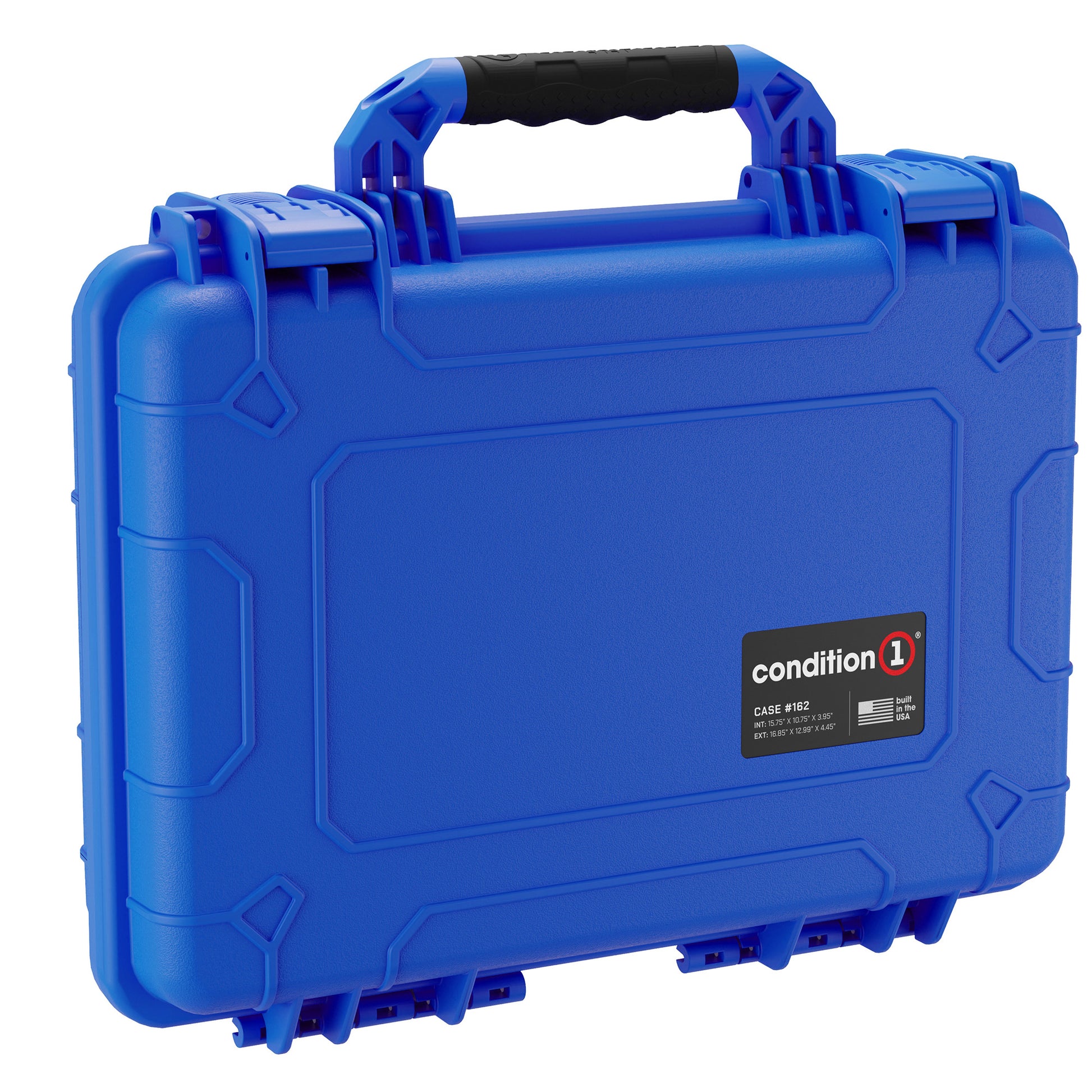 Bright blue, durable medium-sized protective hard case, model #162 from Condition 1, featuring a sturdy handle and secure latches, isolated on a white background.