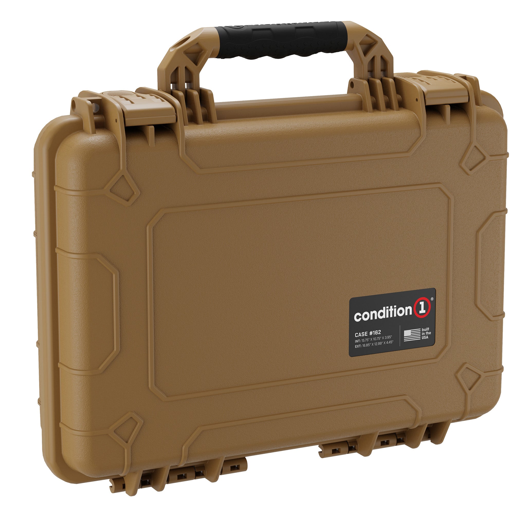 Descriptive alt text: "Condition 1 medium 17-inch hard case in tan, with durable handle and secure latches, featuring logo and model number Case #162 on the front side."