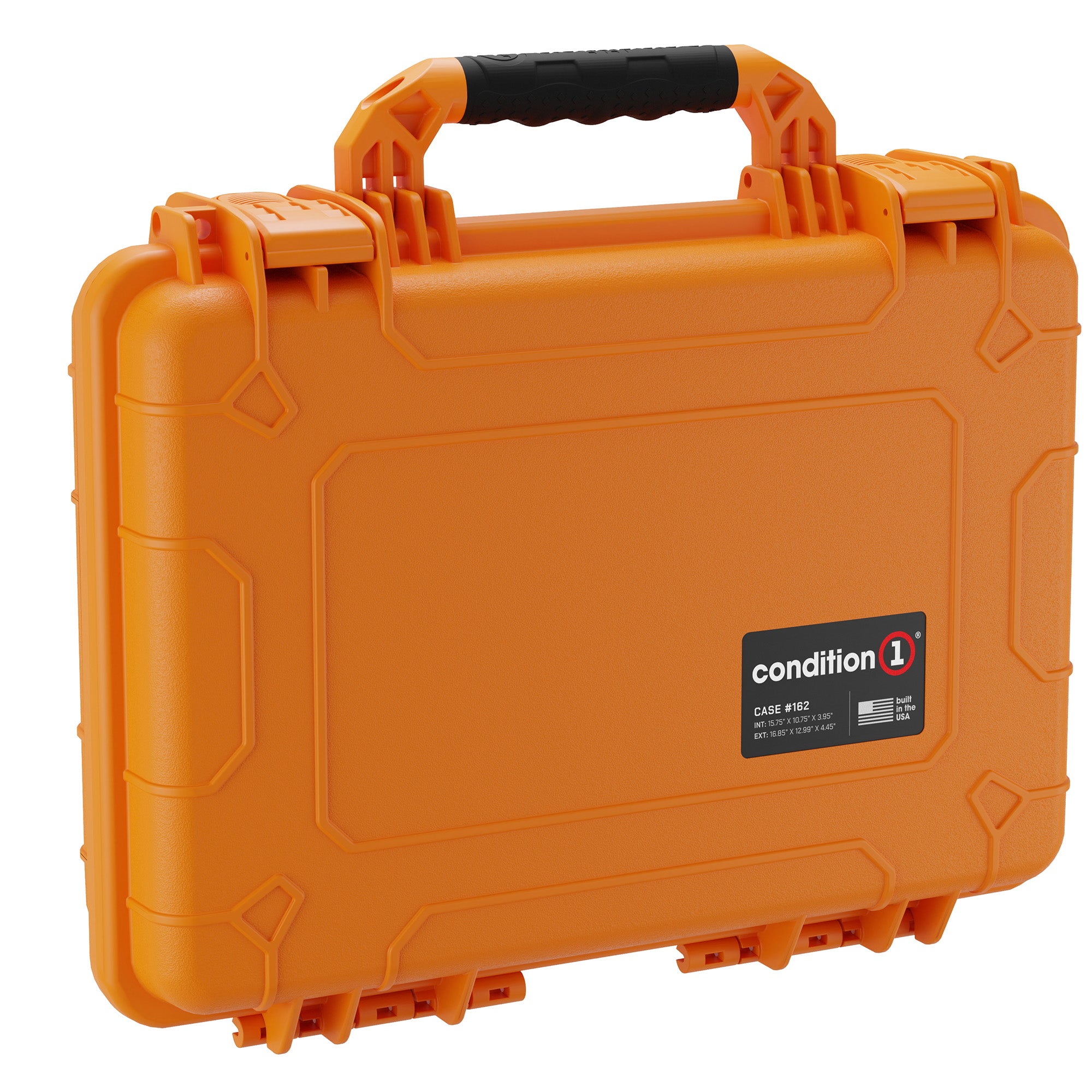 Orange Condition 1 hard case, model #162, featuring a rugged exterior with a sturdy black handle and secure latches, suitable for protecting sensitive equipment.