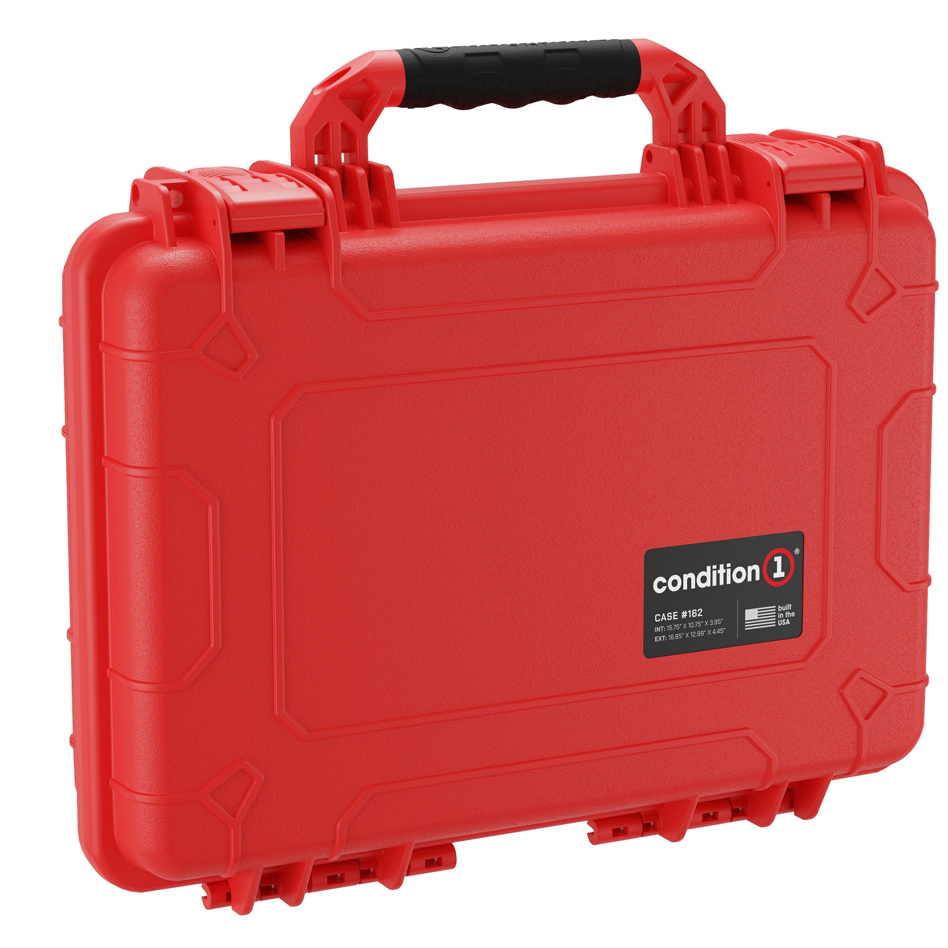 Red hard-shelled protective case, 17 inches, marked as "Condition 1 Case #162," featuring a durable handle and secure latches.