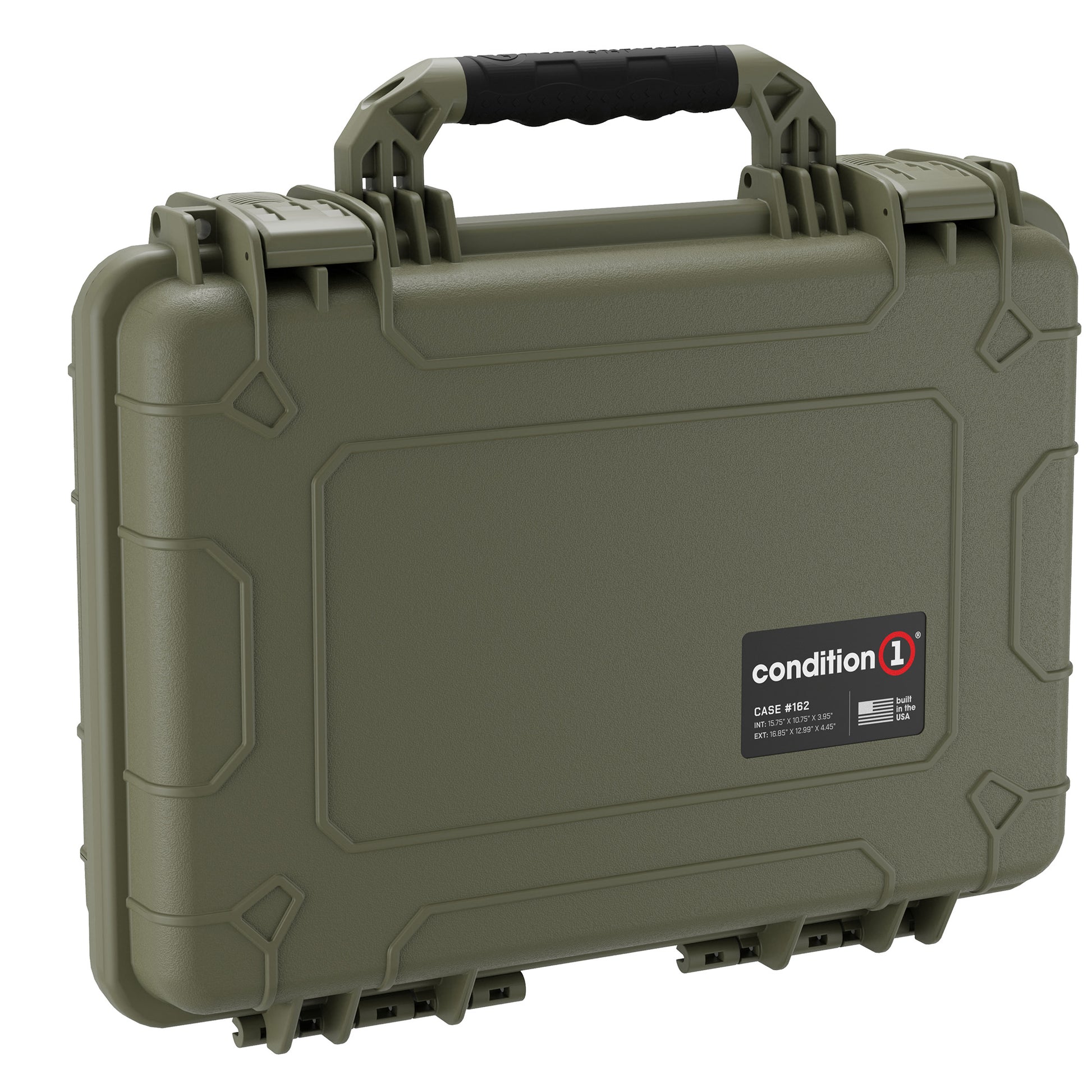 Olive green Condition 1 medium hard case, model number 162, with durable handle and secure latches, ideal for protecting valuable equipment.