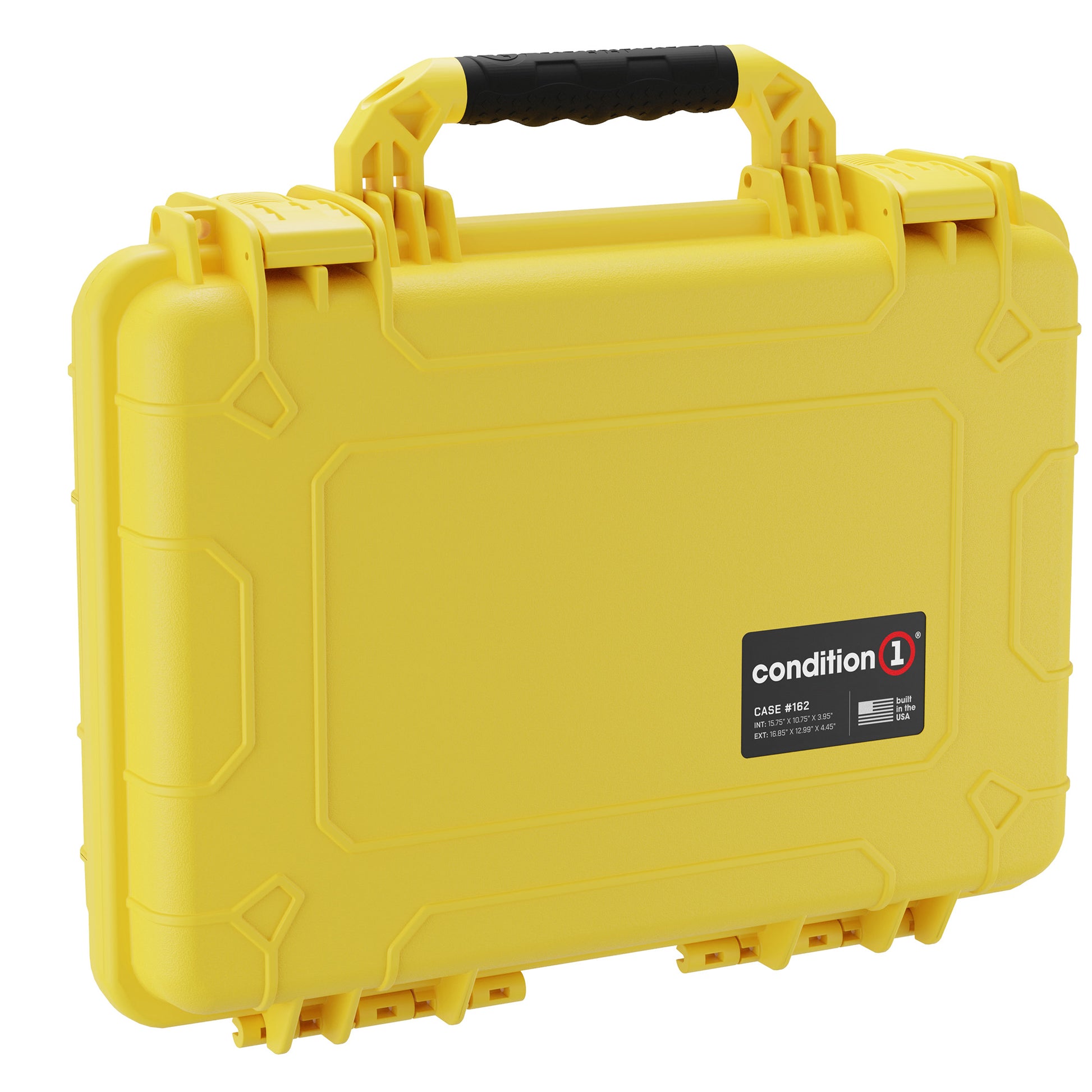 Yellow protective hard case, 17 inches, featuring a robust handle and secure latch design, labeled "Condition 1 Case #162".