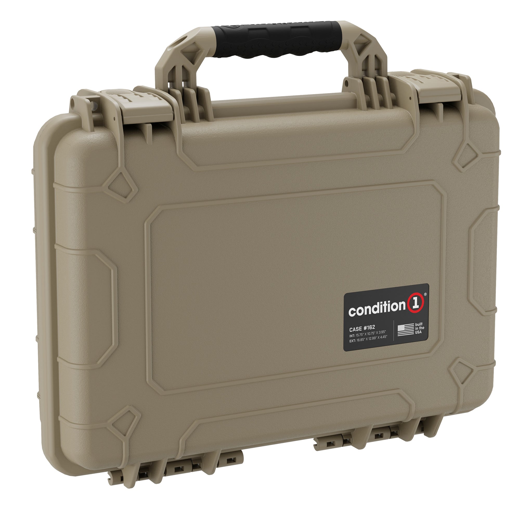 Tan hard protective case, Condition 1 brand, model #162, featuring a rugged exterior, sturdy black handle, and secure latches, suitable for equipment protection.