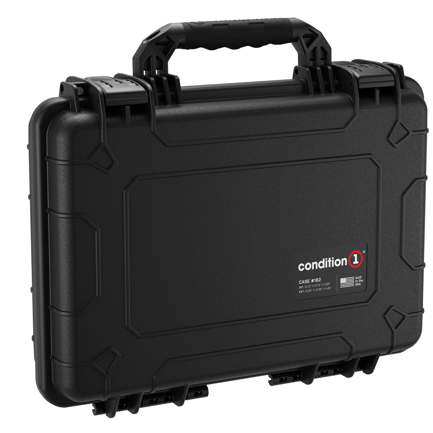 A 17-inch medium-sized black protective hard case with durable handle and secure latches, featuring the Condition 1 logo and case number 162 on the front.