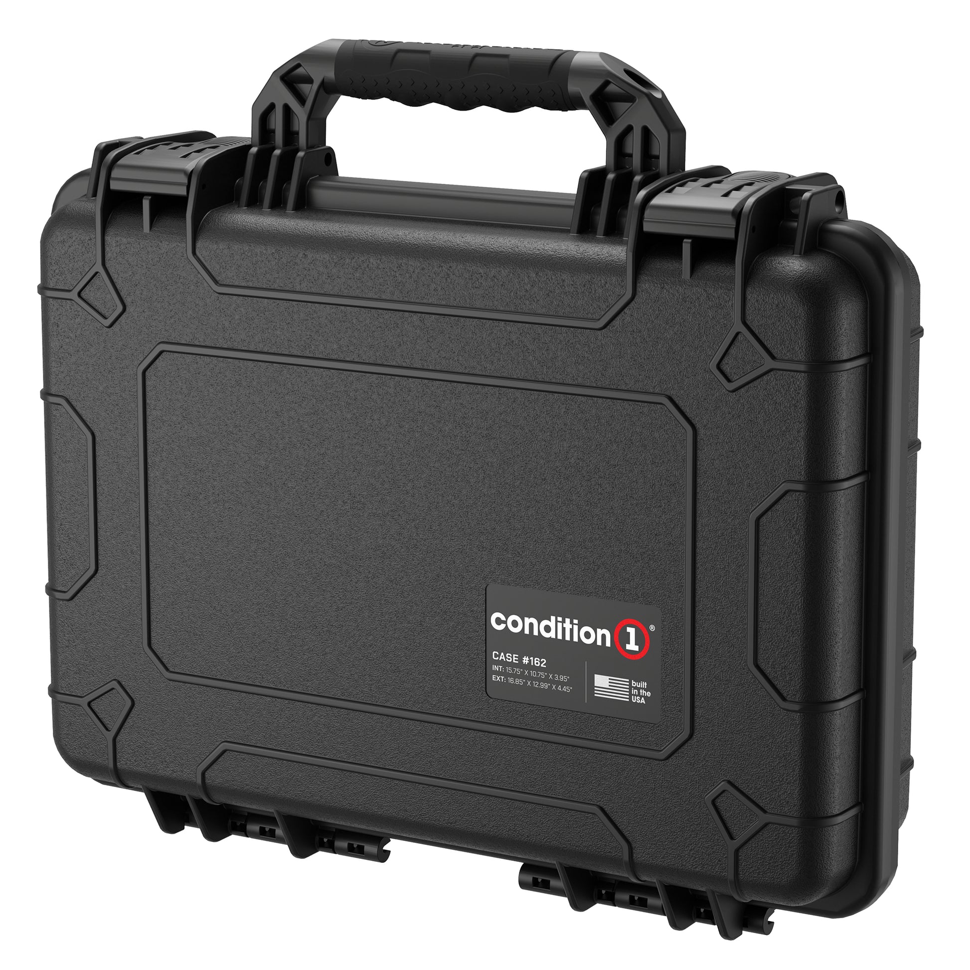 Condition 1 brand medium-sized, rugged black protective case, model number 162, measuring 17 inches, designed for secure equipment storage and transport, featuring a durable handle and robust latch system.