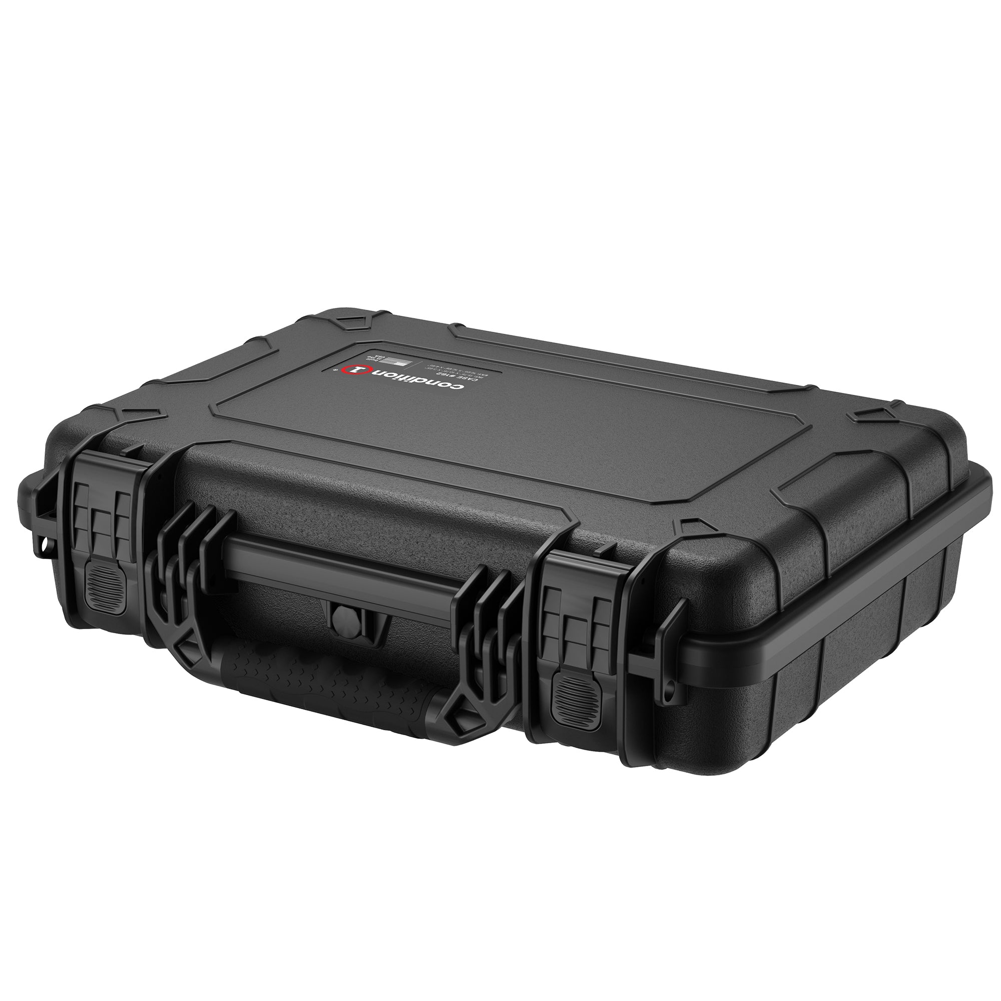 Durable 17-inch black medium protective case with reinforced corners, dual locking clasps, and a rugged handle, ideal for securing and transporting sensitive equipment. Features the logo of the brand Pelican on the top cover.