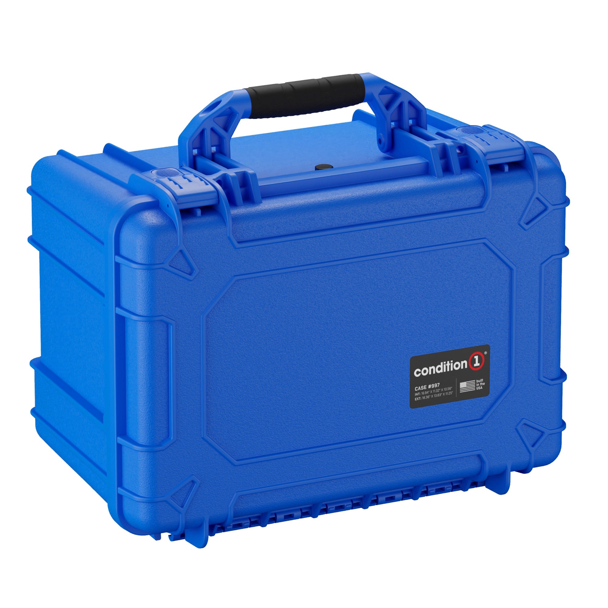 Alt text: "Bright blue Condition 1 hard pistol case, model #997, featuring a durable handle and secure latches, designed to hold up to 7 pistols, isolated on a white background."
