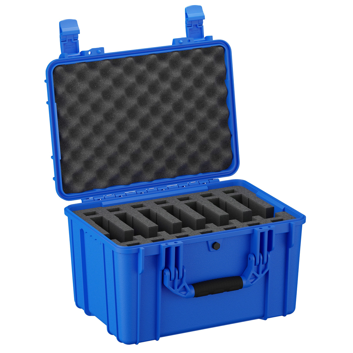 Blue 18-inch 7 pistol case (#997) open to reveal foam inserts and egg-crate foam lid padding, designed for secure and organized firearm storage.