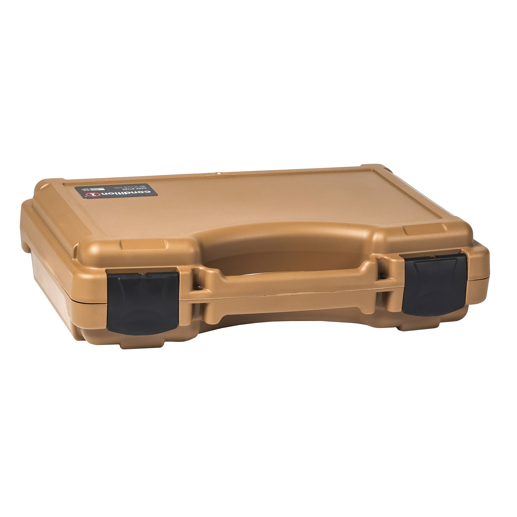 Alt text: "Beige 17-inch economy plastic case with sturdy black handles and secure black clasps, model #1764, ideal for protecting and transporting equipment."