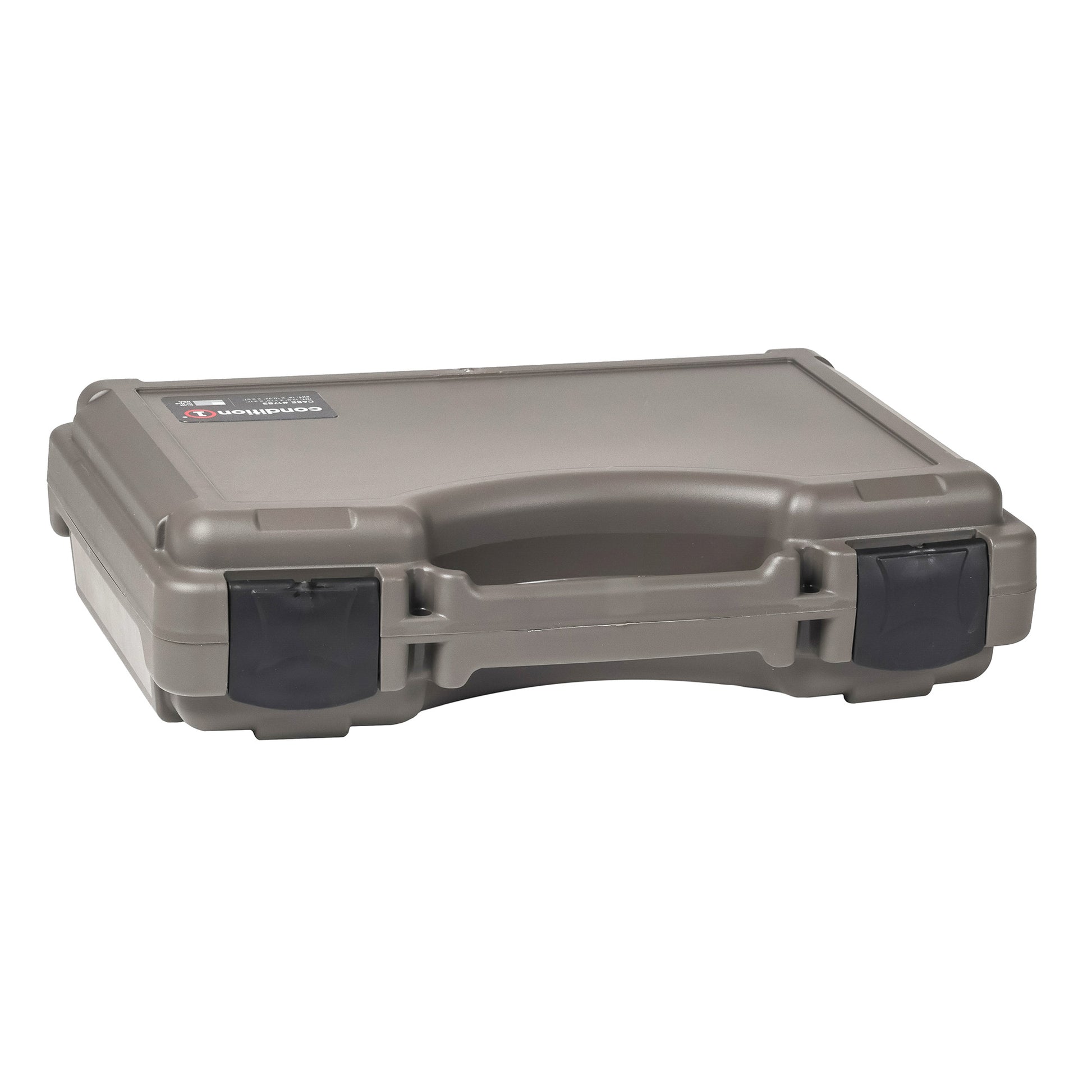 Alt text: "14-inch Economy Case #1763 in gray, featuring sturdy plastic construction with black locking latches, a robust handle, and a rectangular, flat design for secure storage and transport."