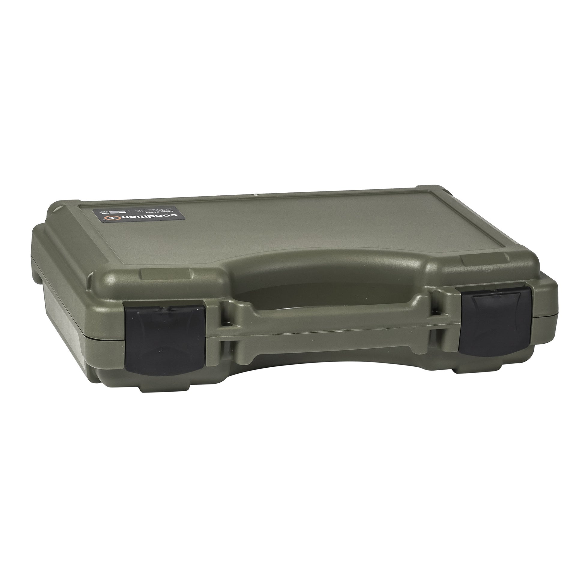 Olive green 14-inch economy hard case with black handles and latches, featuring a durable, impact-resistant exterior and reinforced corners, ideal for storing and protecting equipment.