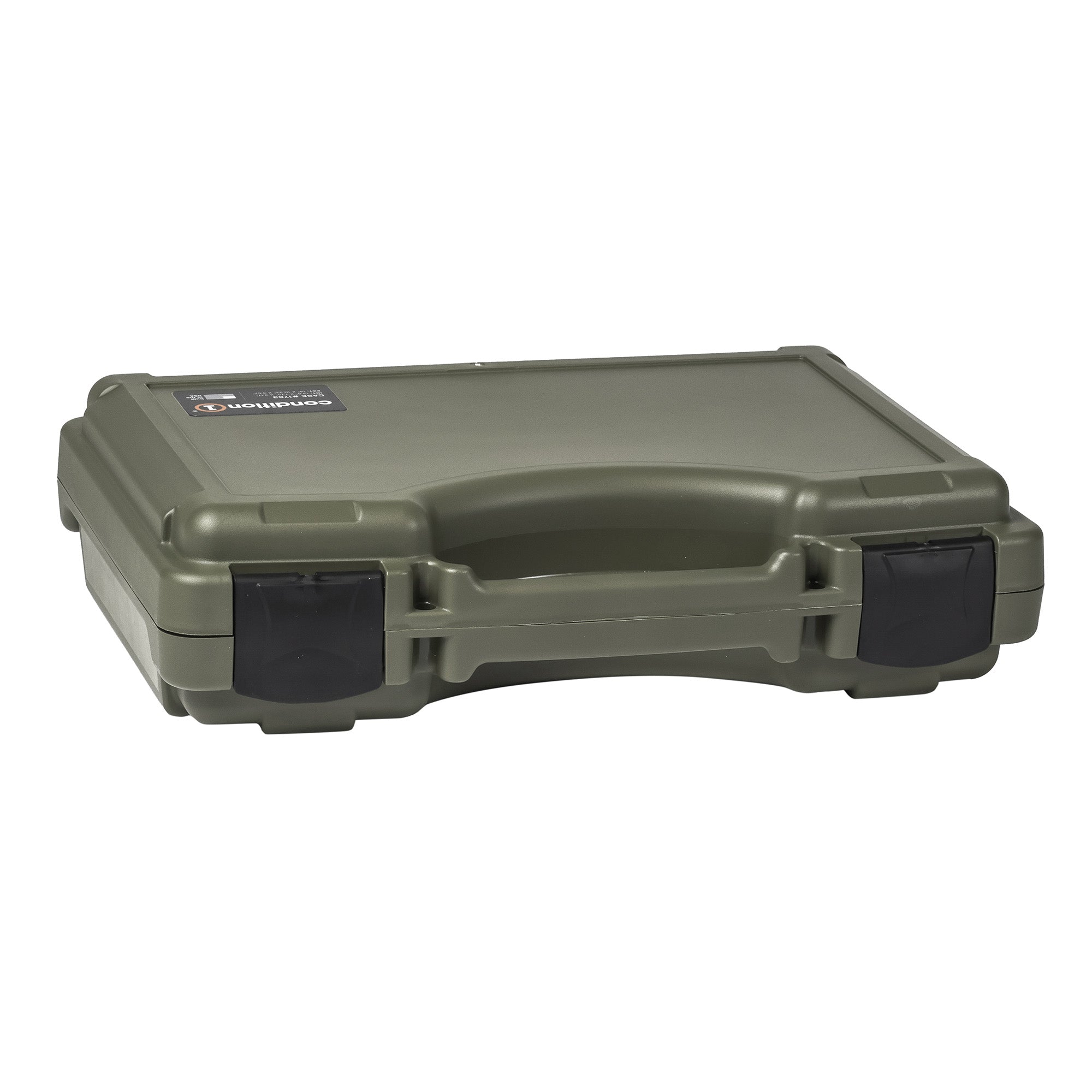Olive green 14-inch economy hard case with black handles and latches, featuring a durable, impact-resistant exterior and reinforced corners, ideal for storing and protecting equipment.