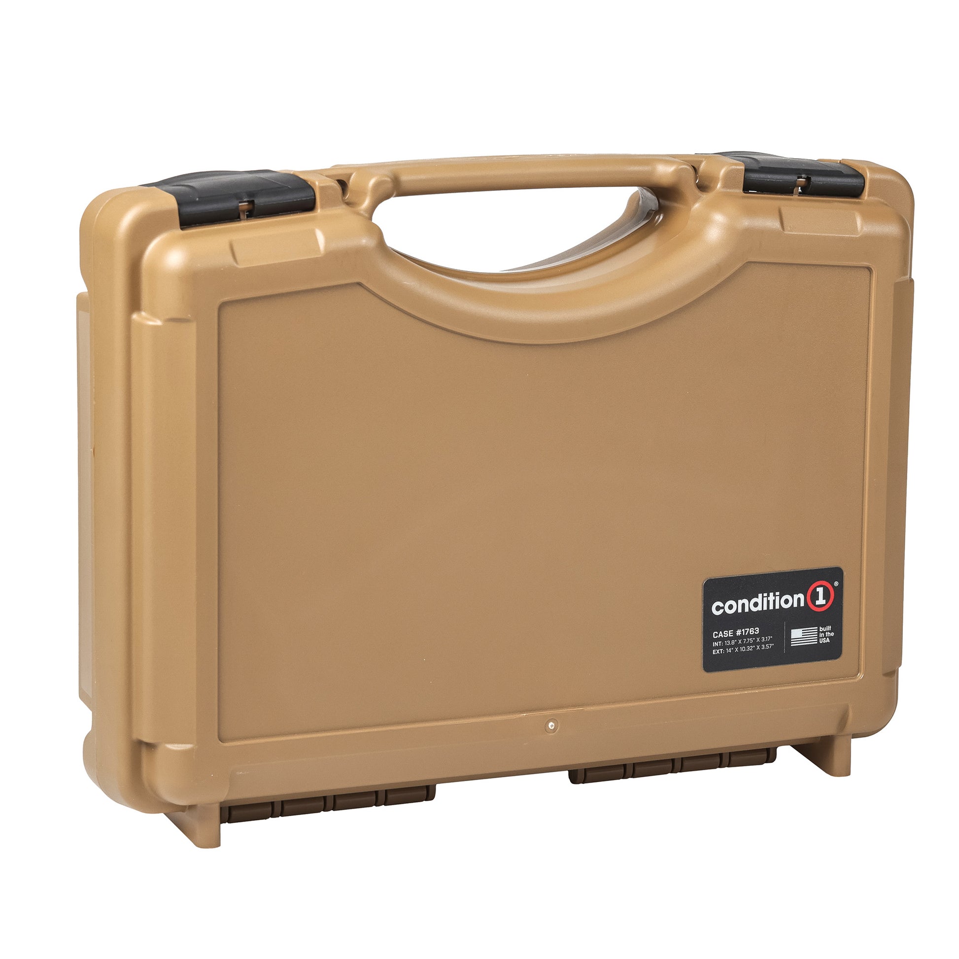 Alt text: "Durable tan 17-inch economy hard case, model #1764, with sturdy handle and reinforced corners, ideal for protecting valuable equipment."