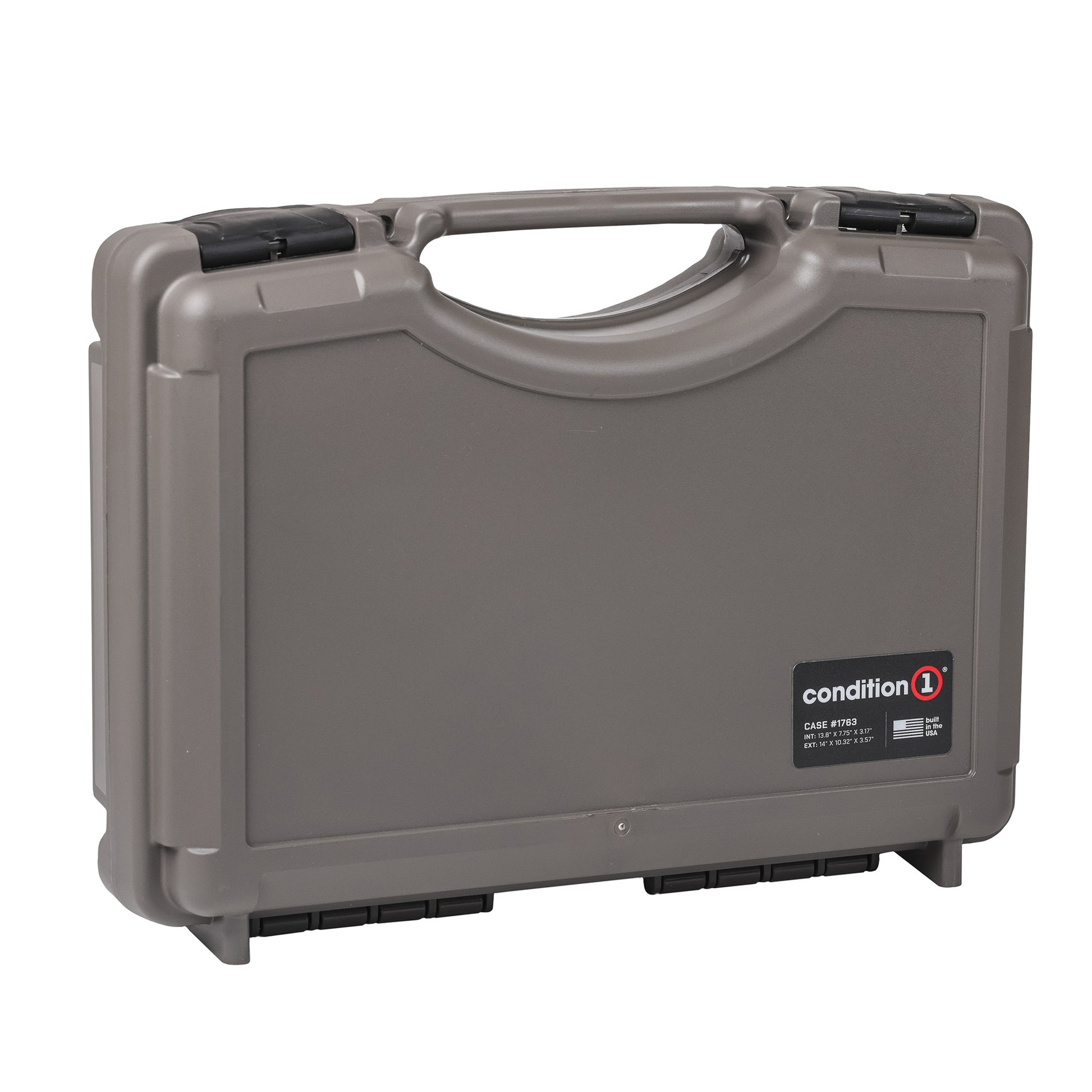Alt text: "Gray Condition 1 Economy Case #1764, a 17-inch protective hard case with handle, ideal for secure equipment storage and transportation, featuring sturdy closures and a plain design."