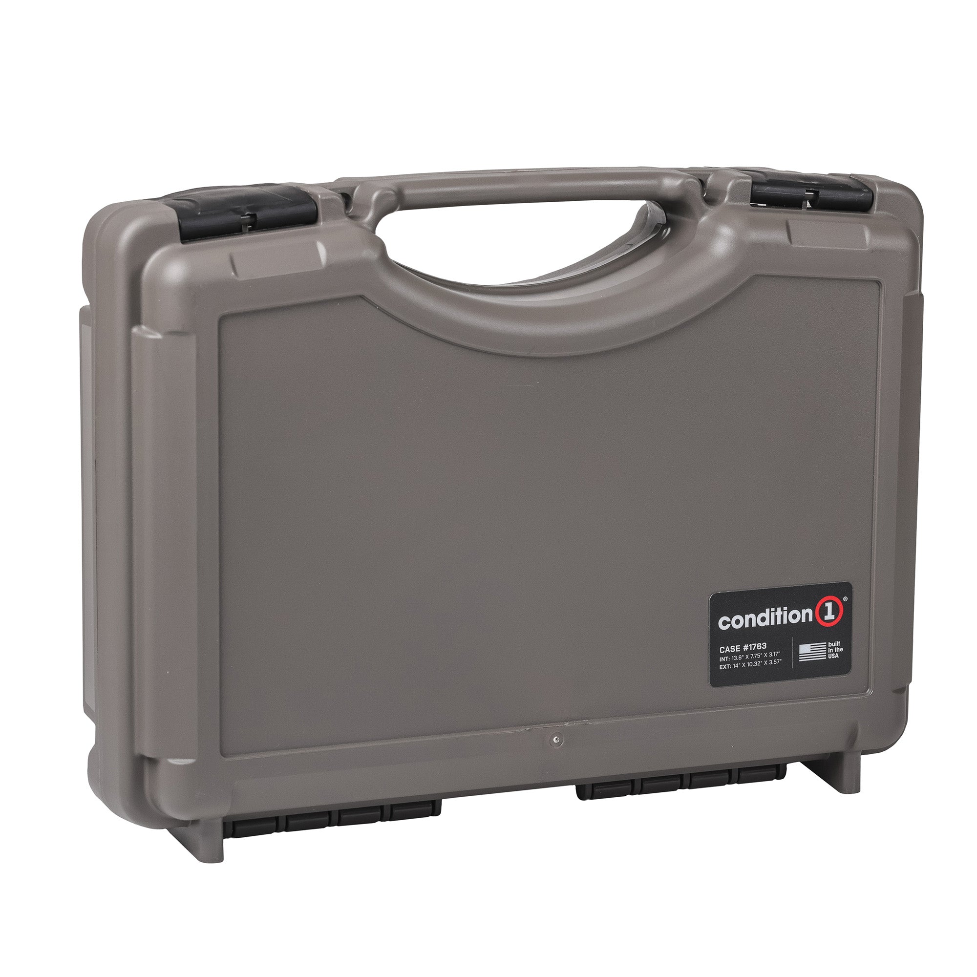 Alt text: "Gray Condition 1 Economy Case #1764, a 17-inch protective hard case with handle, ideal for secure equipment storage and transportation, featuring sturdy closures and a plain design."