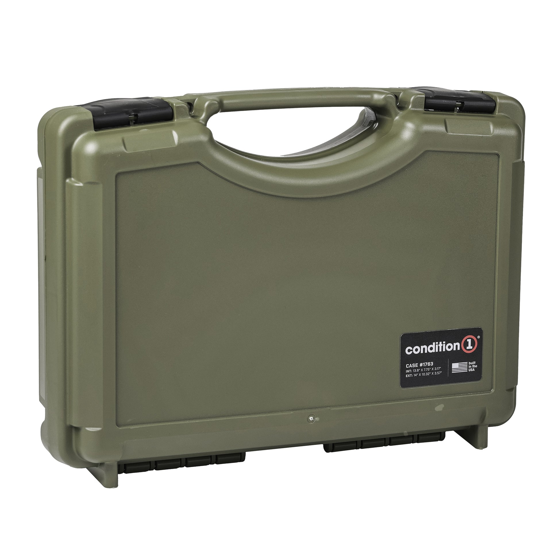 Alt text: Olive green 17-inch economy hard case #1764 by Condition 1, featuring a solid handle and secure clasps, ideal for protecting valuables and sensitive equipment.