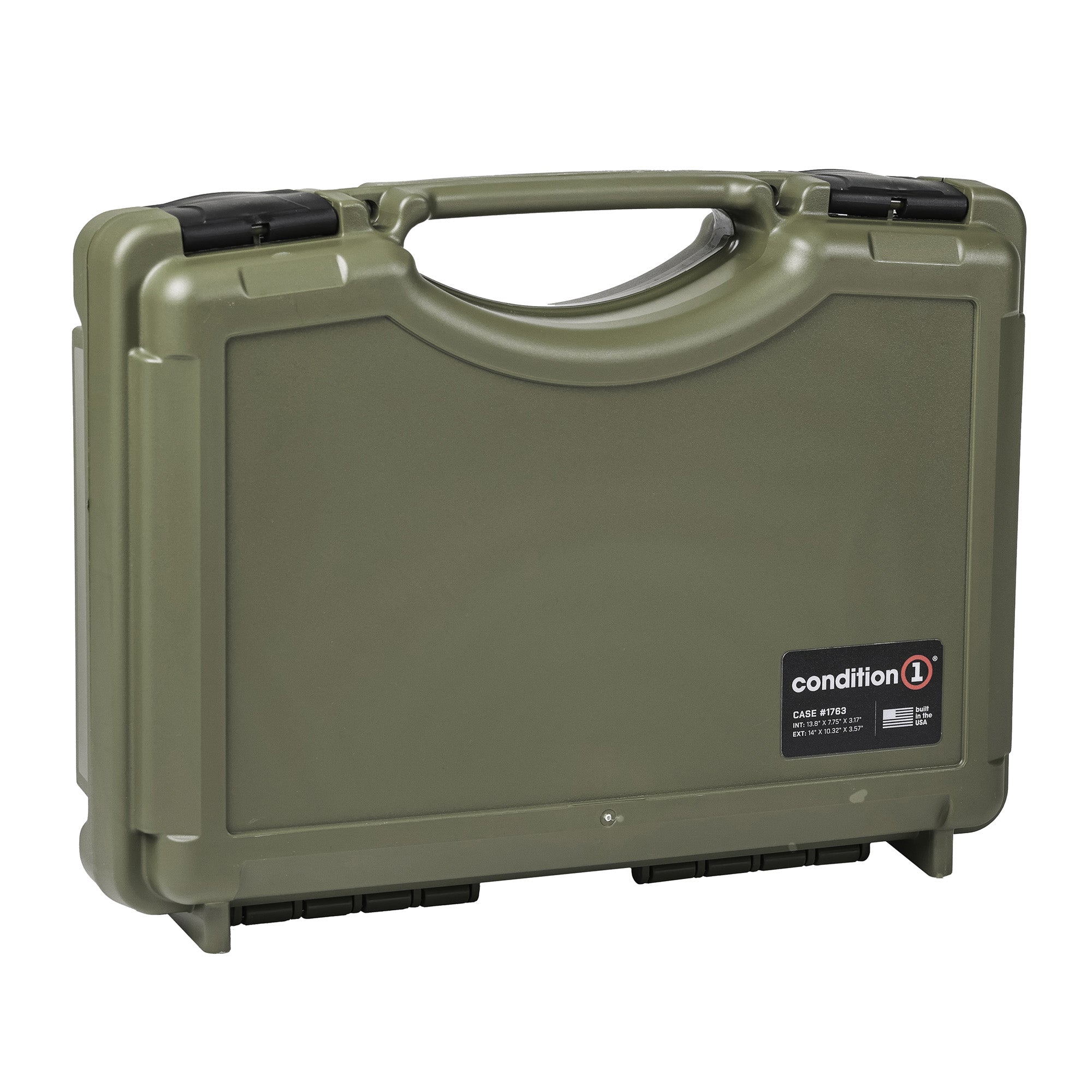 Alt text: Olive green 17-inch economy hard case #1764 by Condition 1, featuring a solid handle and secure clasps, ideal for protecting valuables and sensitive equipment.
