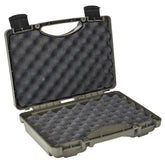 Alt text: "Open 17-inch Economy Case model #1764 featuring foam inserts for protection, with a durable green plastic exterior and sturdy handle."