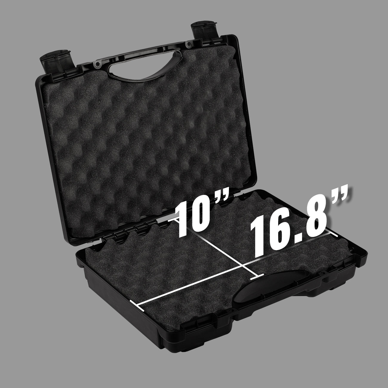 Alt text: "Black economy case measuring 17 inches (#1764) with dimensions marked inside the lid, showing length of 16.8 inches and width of 10 inches, featuring a rugged textured exterior and foam interior for protection."