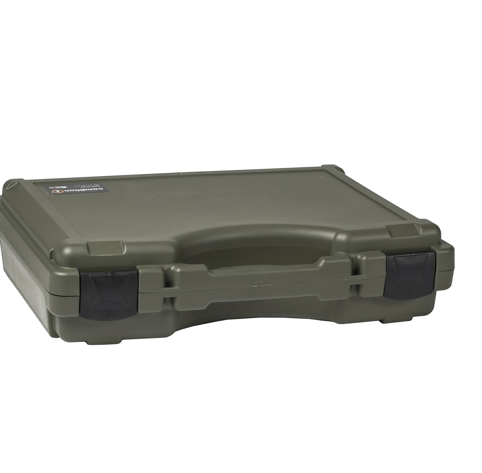 Alt text: Olive green 17-inch economy hard case, model #1764, with sturdy handles and secure black clasps, suitable for protecting valuable equipment.