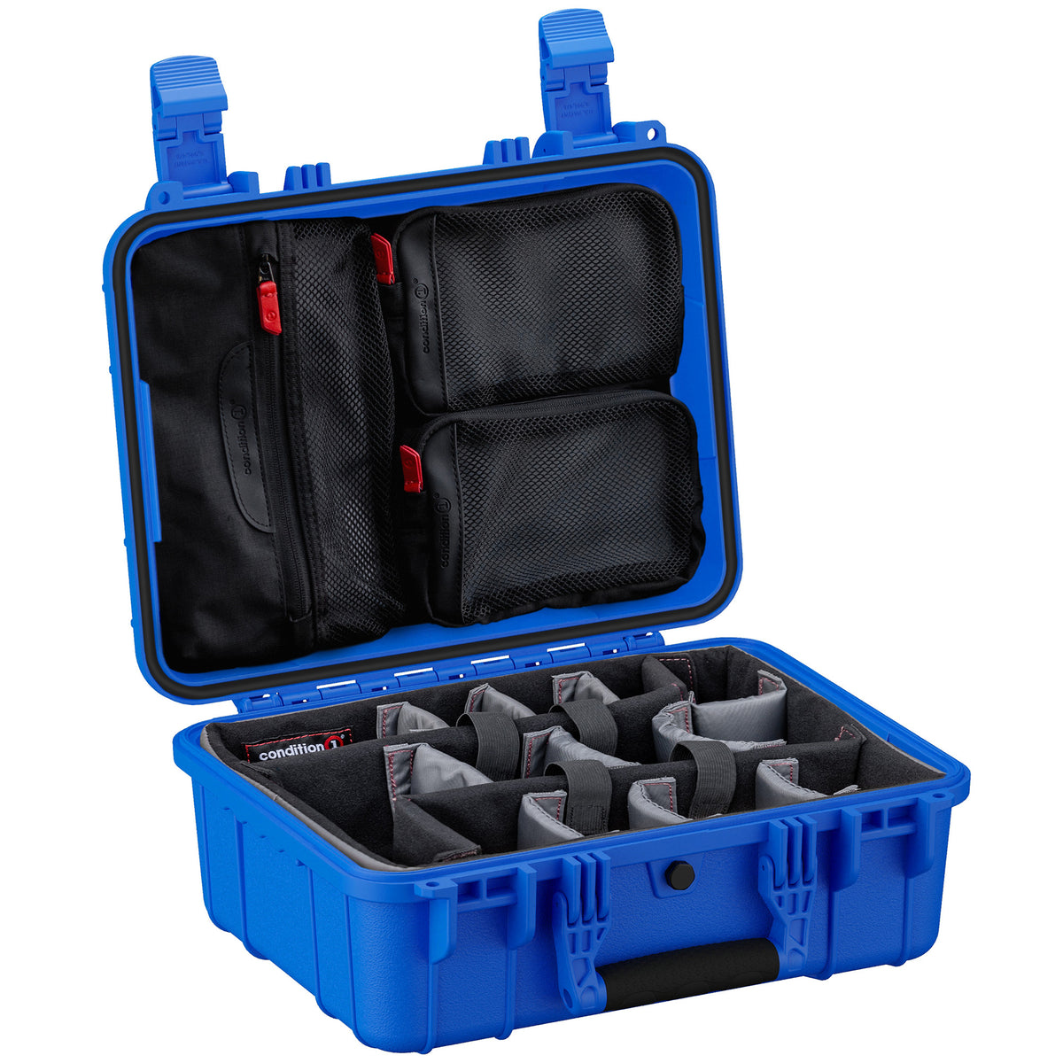 Alt text: Blue hard-shell protective case, 16 inches, with multiple black mesh pockets in the lid and adjustable padded dividers inside, designed for organizing and securing equipment.