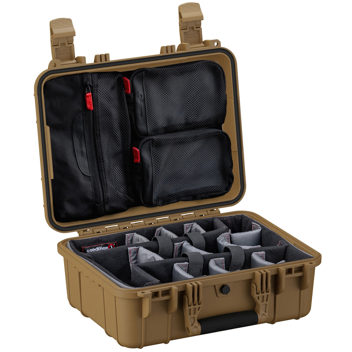 Alt text: "Open 16-inch medium protective hard case in tan color, featuring multiple mesh pockets in the lid and customizable padded dividers in the base, ideal for organizing and safeguarding equipment."