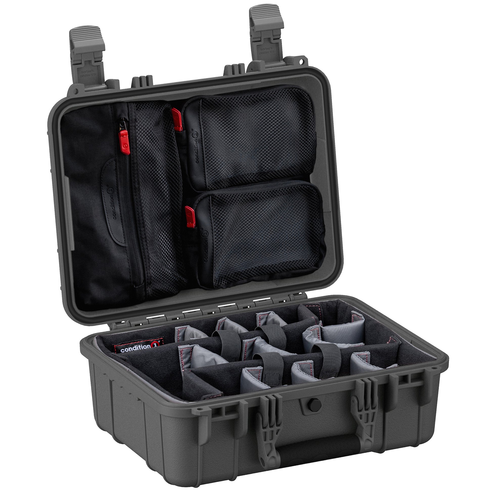 Alt text: Open 16-inch medium-sized protective case with customizable foam inserts and mesh pockets inside the lid, featuring rugged handles and secure latches, ideal for organizing and safeguarding equipment.