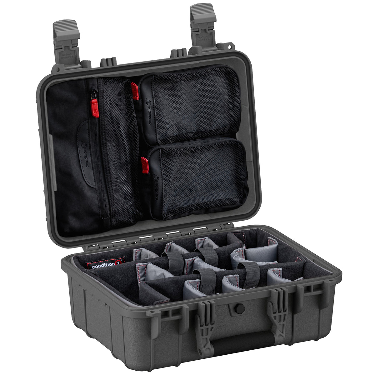 Alt text: Open 16-inch medium-sized protective case with customizable foam inserts and mesh pockets inside the lid, featuring rugged handles and secure latches, ideal for organizing and safeguarding equipment.