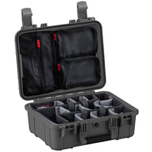 Alt text: Open 16-inch medium-sized protective case with customizable foam inserts and mesh pockets inside the lid, featuring rugged handles and secure latches, ideal for organizing and safeguarding equipment.