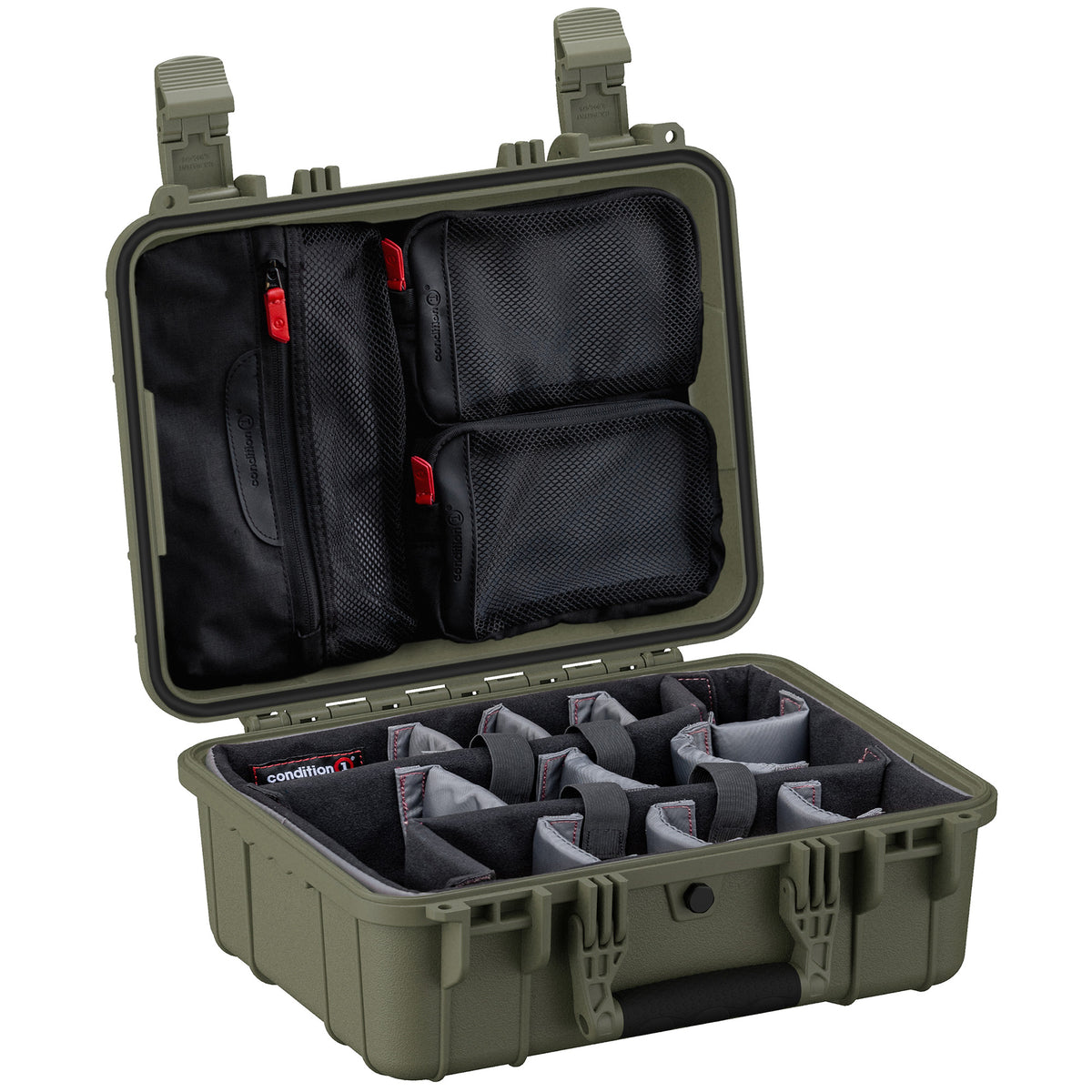 Alt text: "Open 16-inch medium-sized rugged case in olive green color, featuring a customizable padded divider system inside and multi-pocket lid organizer with red zipper pulls, designed for secure and organized storage."