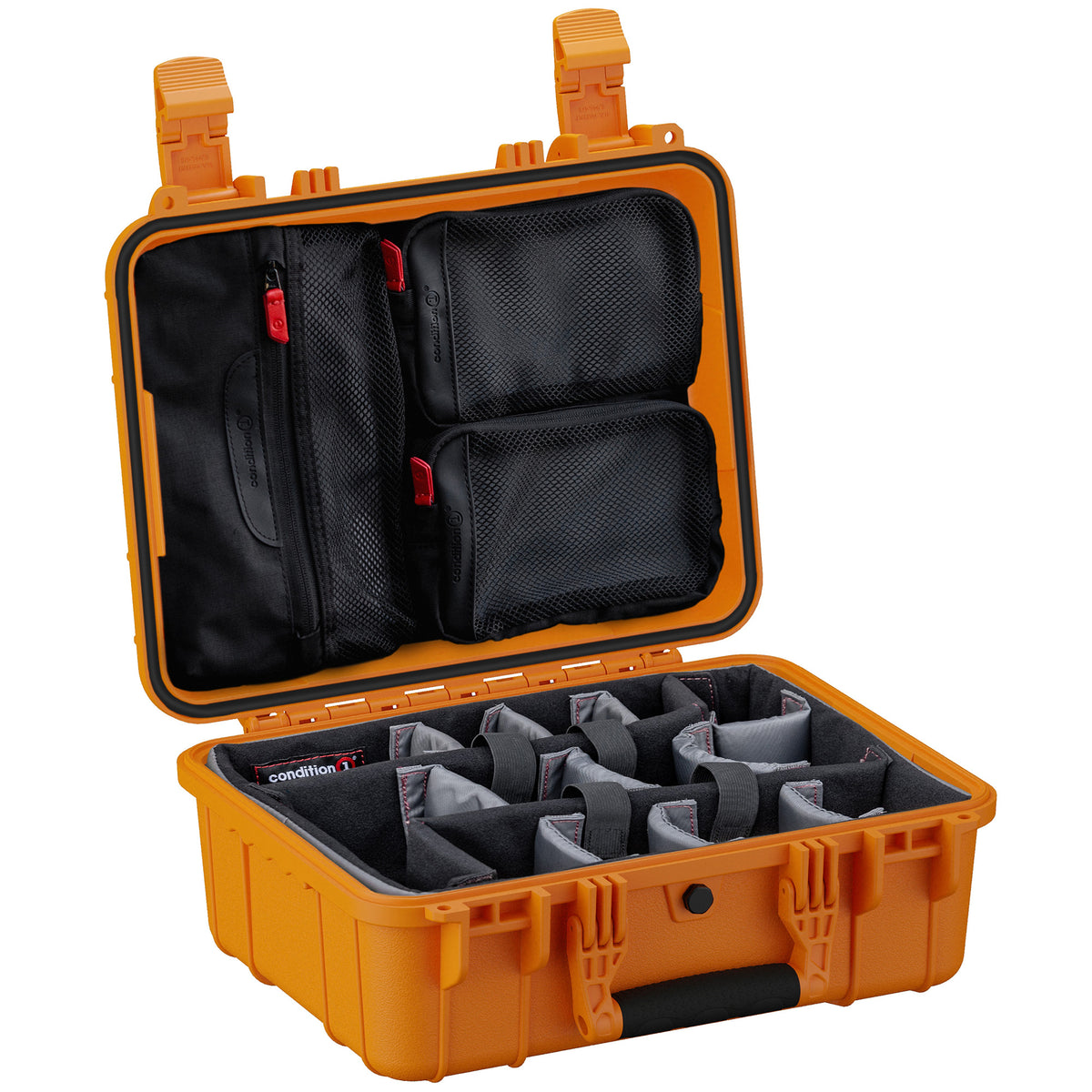 Alt text: "Open 16-inch orange medium hard case, model #179, featuring customizable foam inserts for equipment and zippered mesh pockets on the inside of the lid for additional storage."