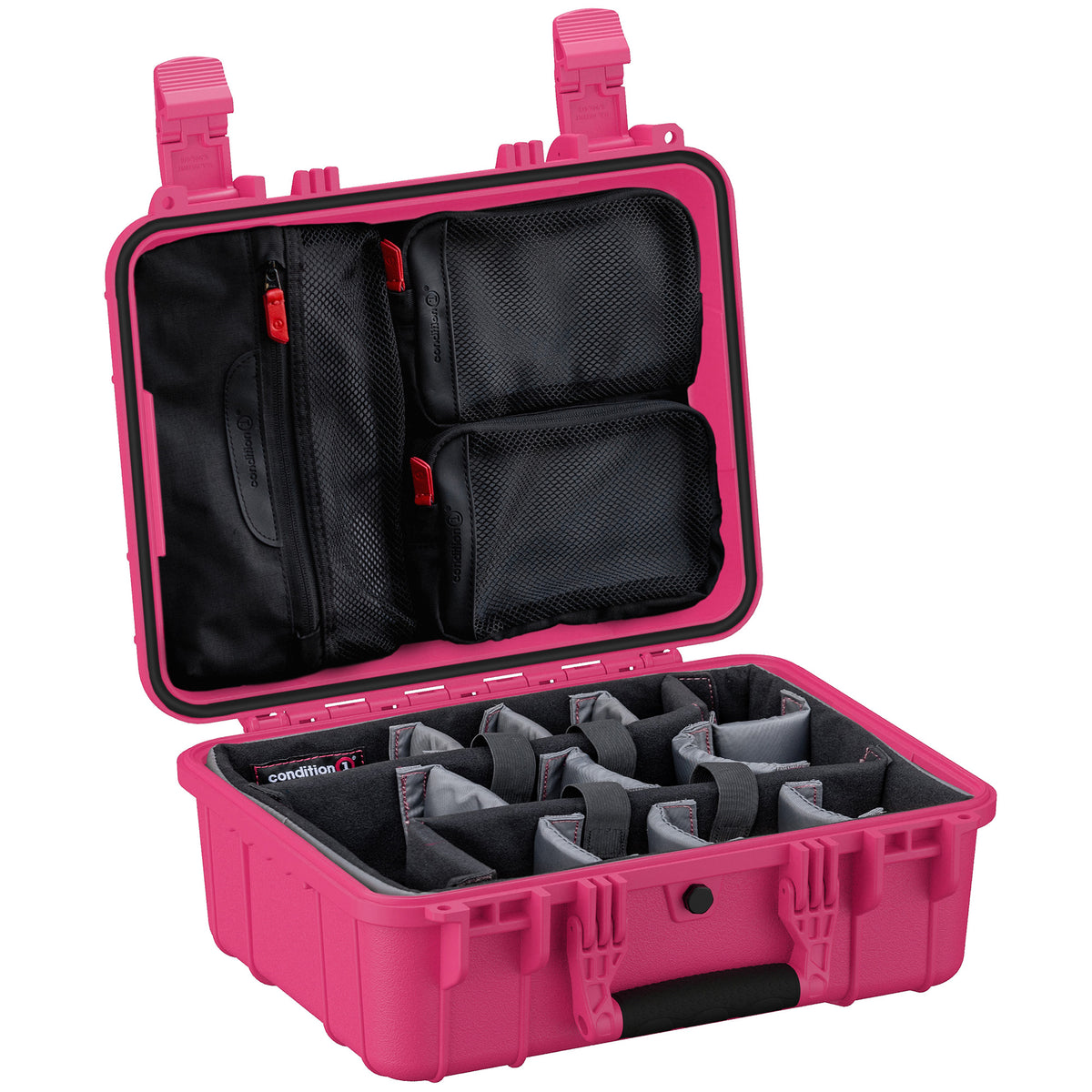 Alt text: "Bright pink 16-inch medium-sized hard case with open lid showing organized interior compartments and black mesh pouches with red zippers for secure storage of items."
