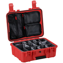 Alt text: "Red 16-inch Condition 1 medium case #179 with custom padded compartments and removable zippered pouches in the lid, designed for secure and organized storage of equipment."