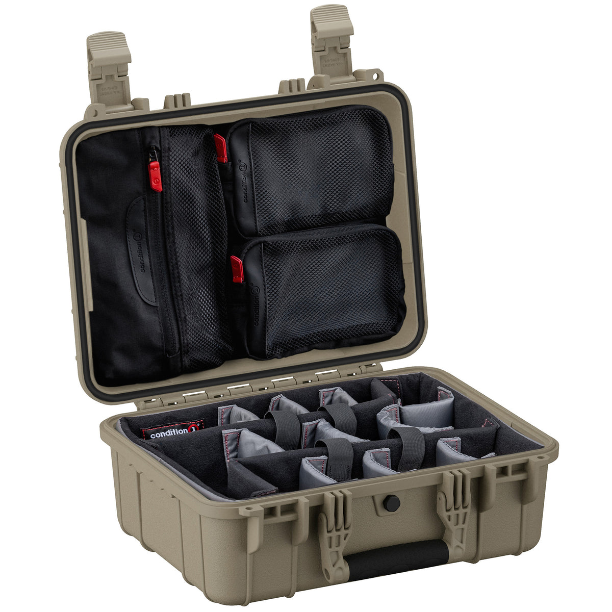 Alt text: "Open 16-inch medium-sized rugged case displaying customizable padded dividers in the bottom section and mesh pockets with red zipper handles in the lid, ideal for organizing and protecting equipment."