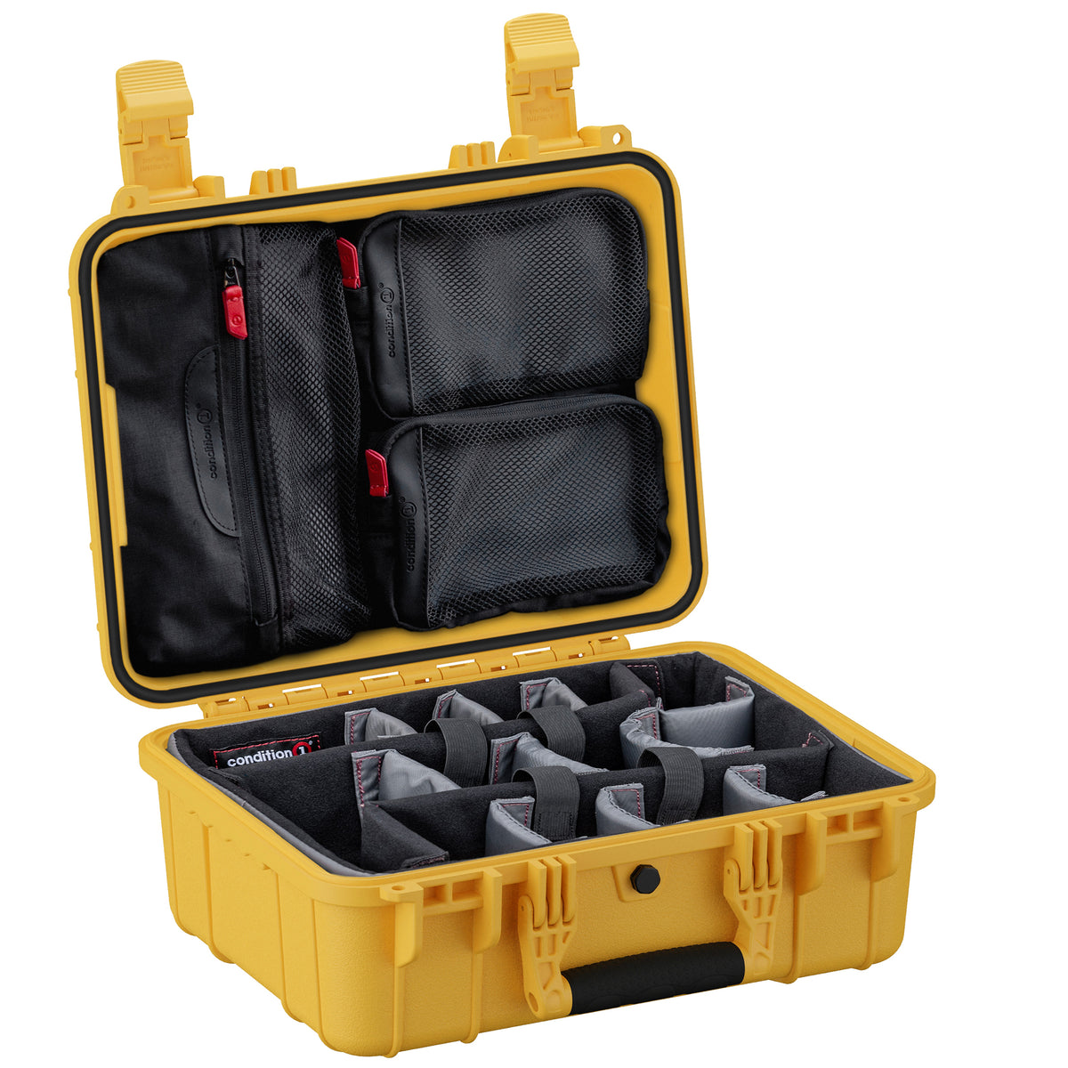 Yellow 16-inch medium case with black interior, multiple compartments, and adjustable dividers for organized storage.