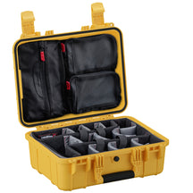 Yellow 16-inch medium case with black interior, multiple compartments, and adjustable dividers for organized storage.