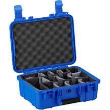 Alt text: "Blue hard-shell protective case, 16 inches, open to show internal customizable grey padded dividers and egg-crate foam lid, designed for securely storing and transporting sensitive equipment."