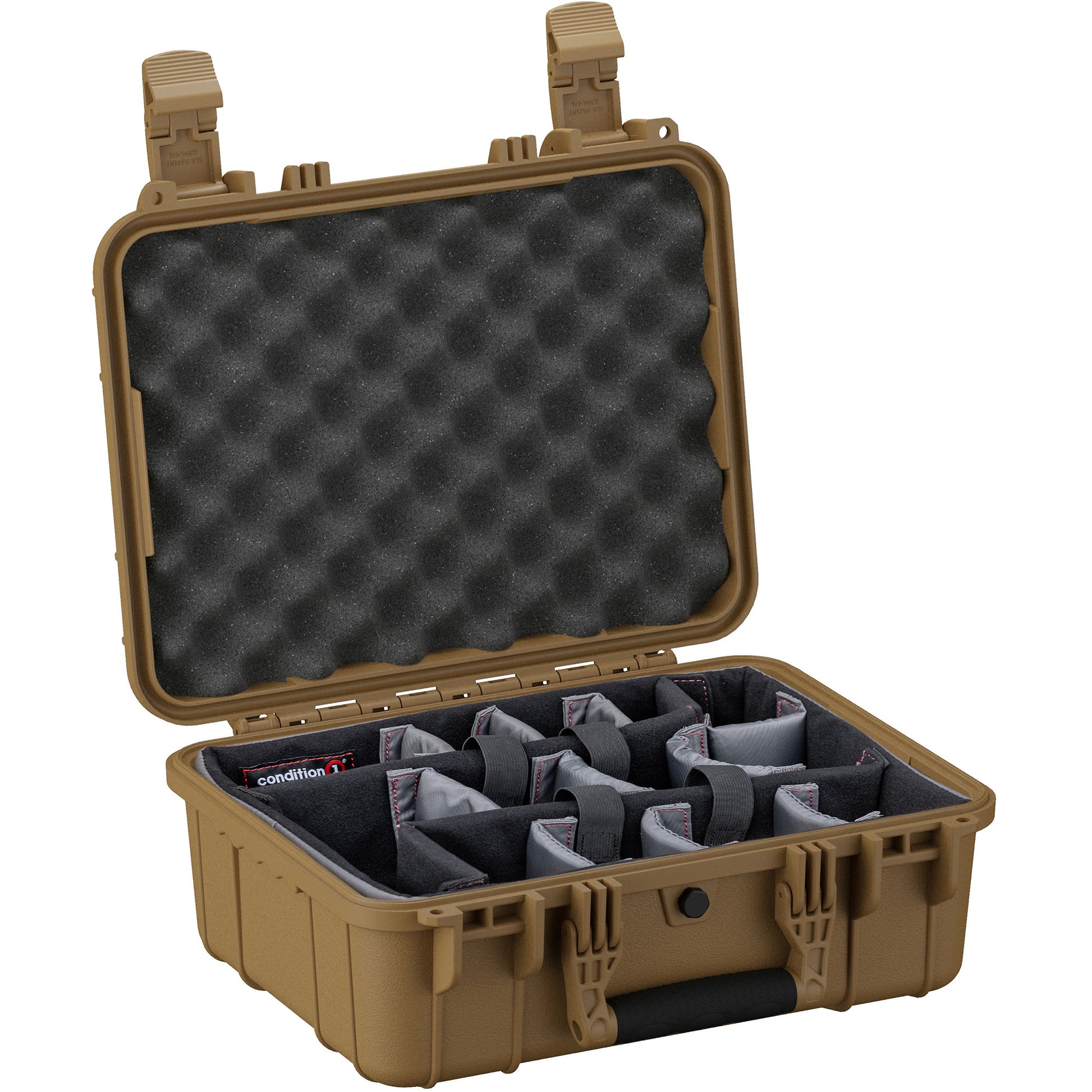 Alt text: "16-inch medium-sized rugged tan case opened to display its customizable foam dividers and egg-crate foam lid, designed by Condition 1, for organizing and protecting equipment."