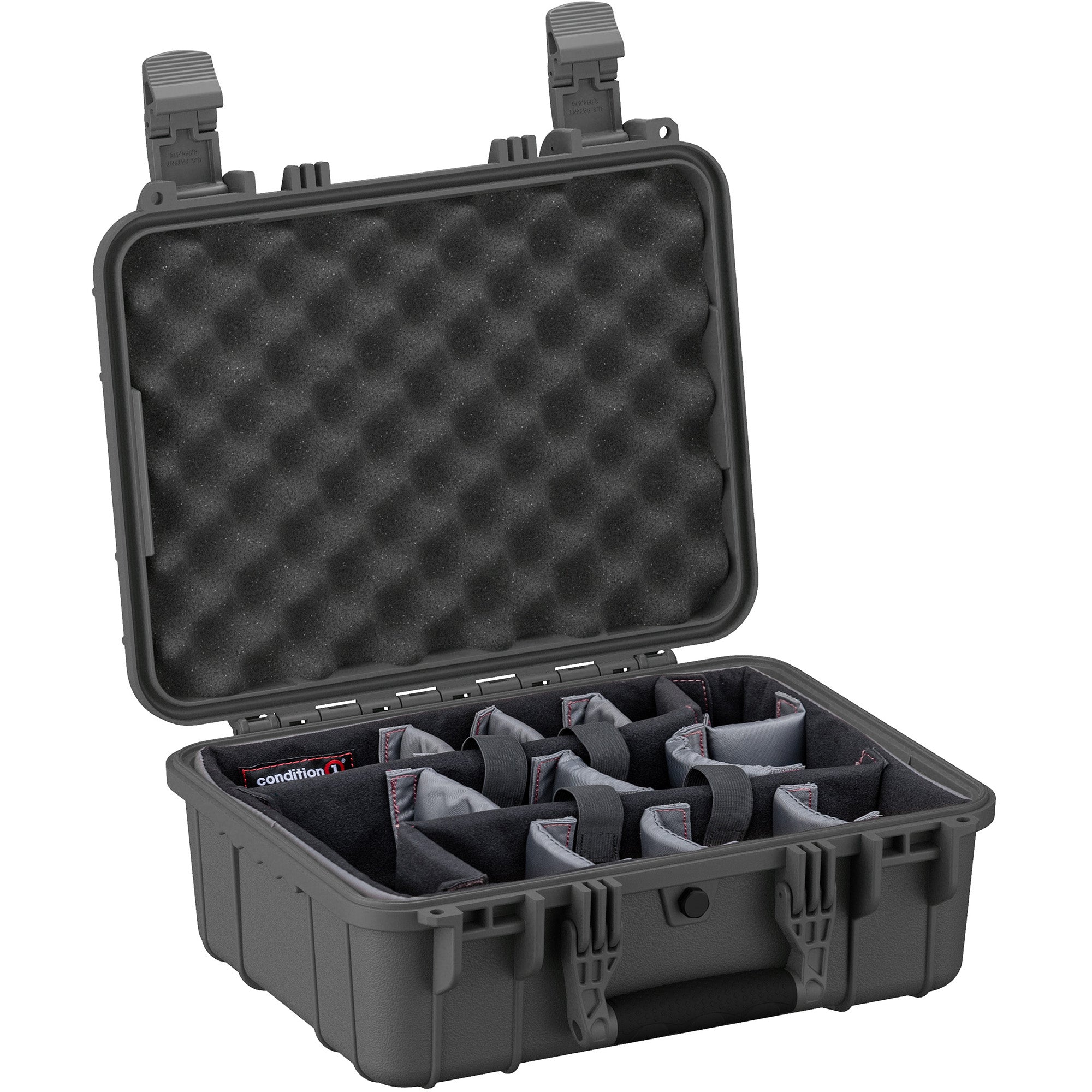 Alt text: "Open 16-inch Condition 1 medium hard case, model #179, with customizable foam dividers and convoluted foam padding in the lid, designed for protecting and organizing equipment."