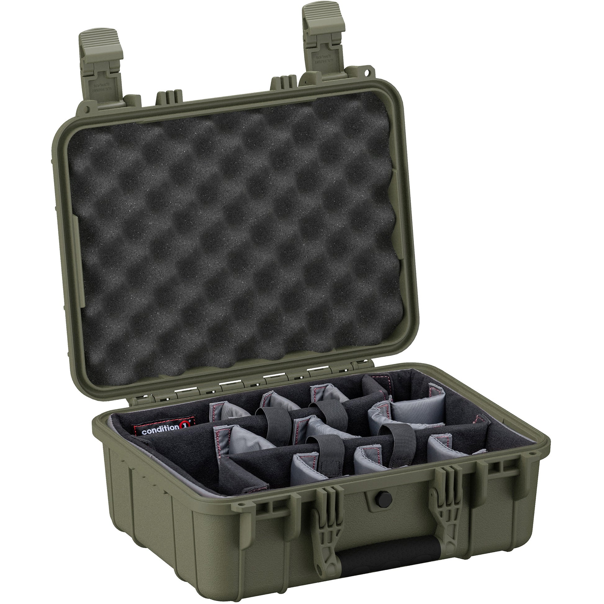 Alt text: "16 inch medium olive green hard case with customizable foam inserts, open to display padded compartments ideal for secure storage and transportation, featuring rugged clasps and handle."