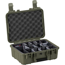 Alt text: "16 inch medium olive green hard case with customizable foam inserts, open to display padded compartments ideal for secure storage and transportation, featuring rugged clasps and handle."