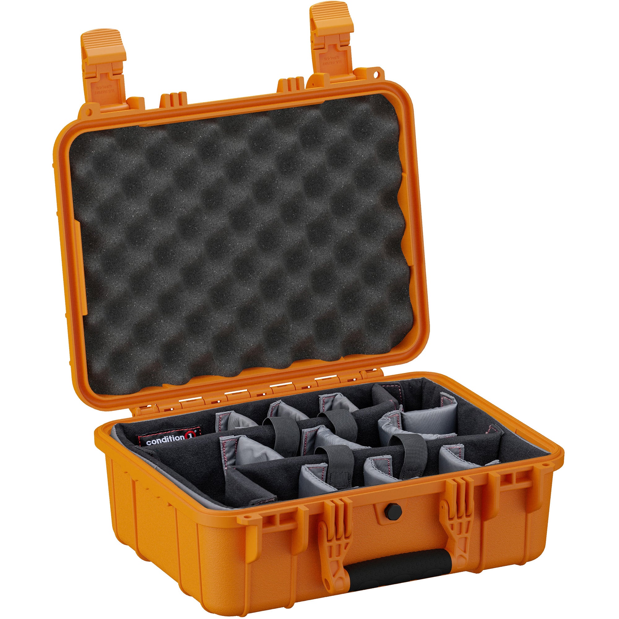 Alt text: Orange, rugged hard case (16-inch, Medium Case #179) with custom foam inserts and padded dividers, open and displaying adjustable compartments.
