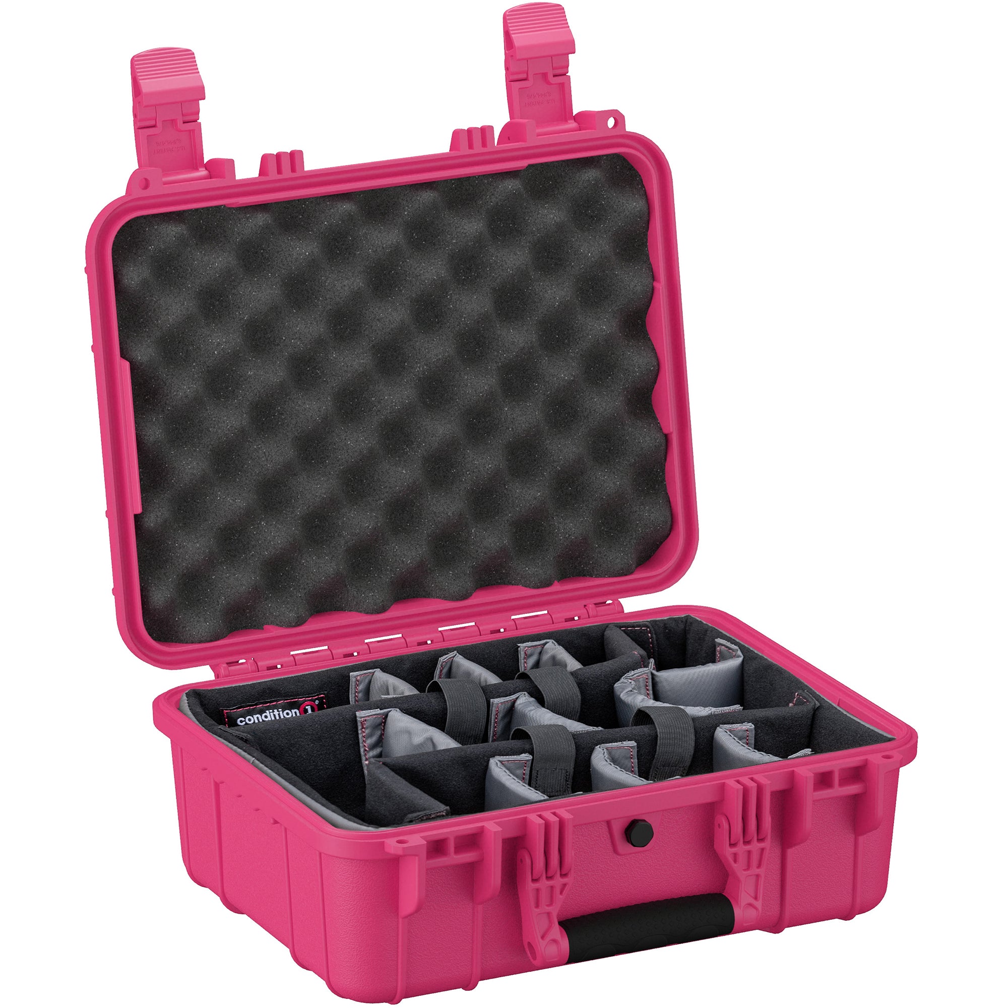 Alt text: Open pink hard case with customizable grey foam dividers inside, ideal for storing and protecting equipment, with foam-lined lid and durable latches visible, labeled as Condition 1.