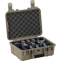 Alt text: "Open 16-inch Condition 1 medium case in tan color displaying adjustable padded dividers and egg-crate foam lid, designed for organizing and protecting equipment."