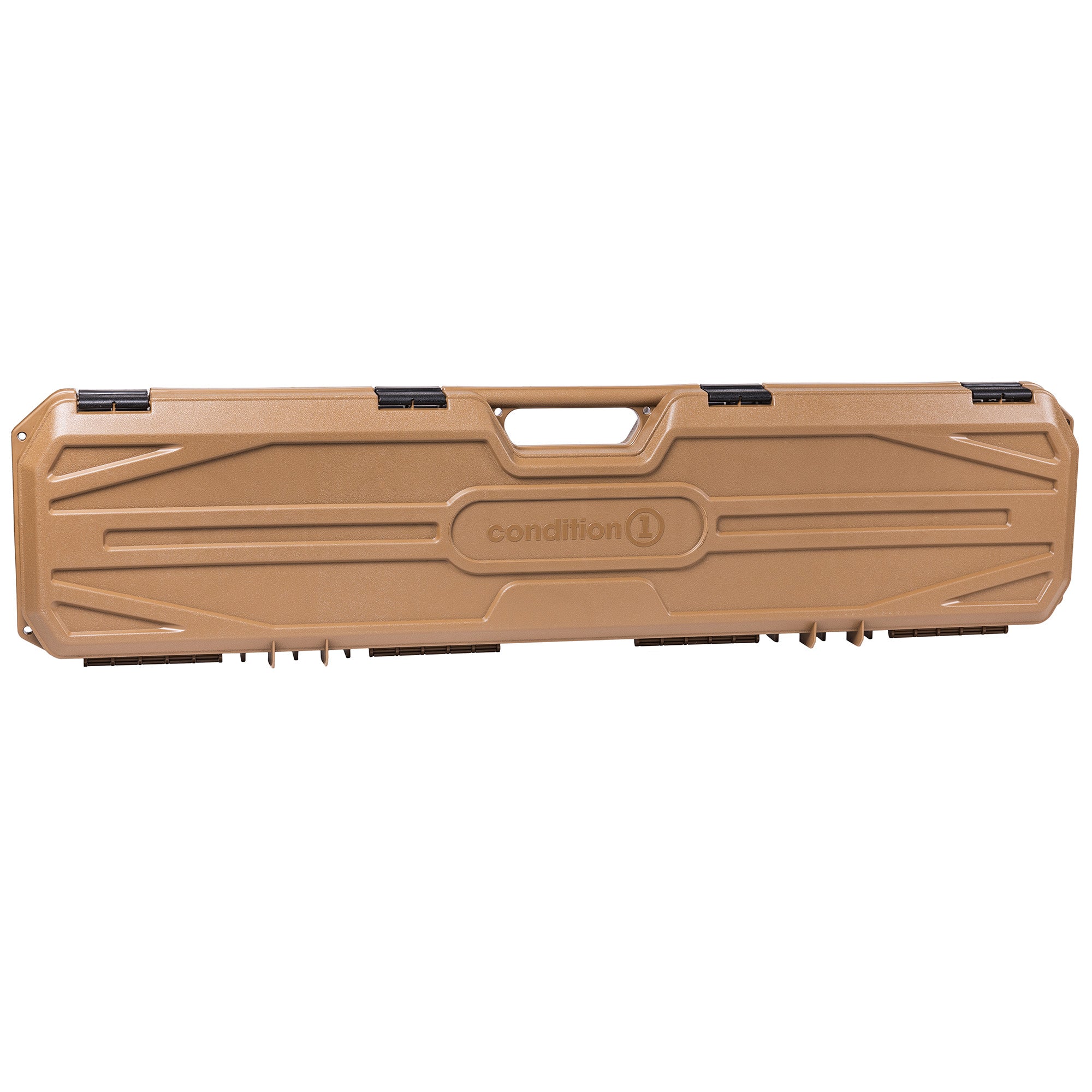 Tan 42-inch economy hard case with black latches and handle, labeled "condition 1" for secure storage and transport.