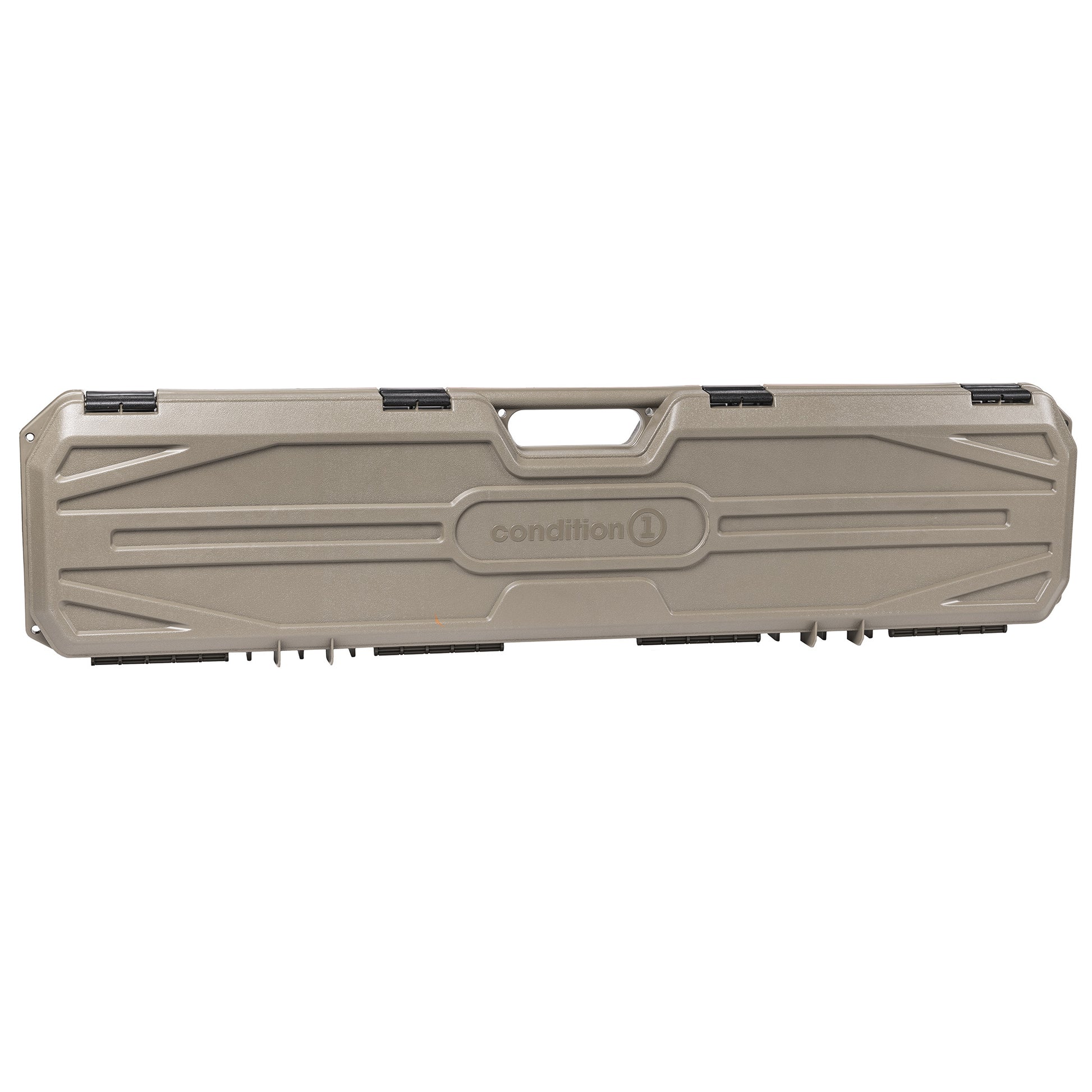 42-inch gray plastic storage case with black latches and handle, labeled "condition 1" for secure equipment storage.